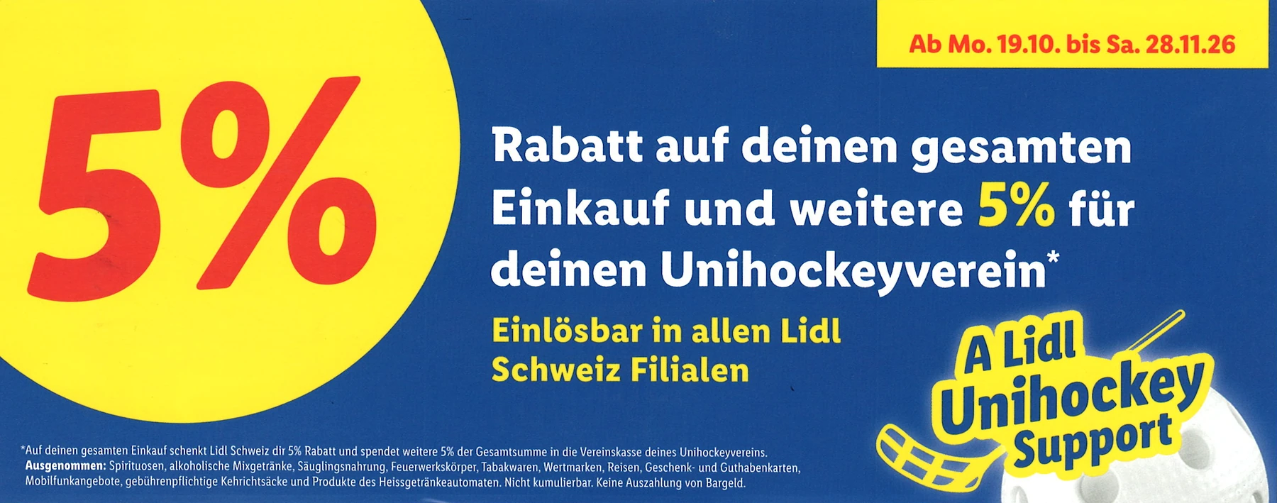 Vorderseite des Lidl-Unihockey-Coupons mit 5 % Rabatt für dich und 5 % Spende an deinen Unihockeyverein