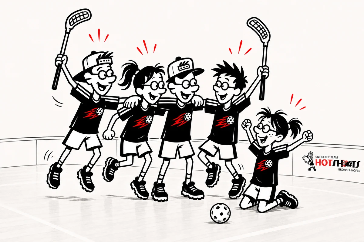 KI-Comic-Illustration von fünf jubelnden HotShots-Kindern mit Unihockeystöcken