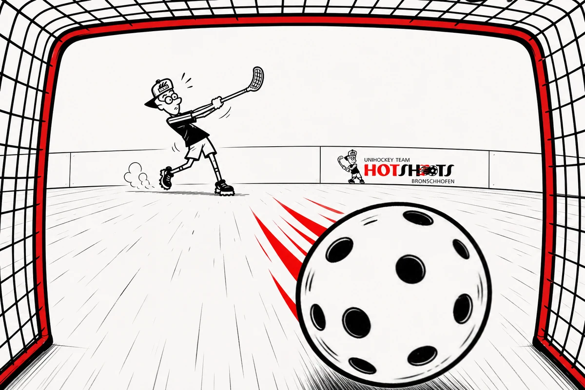 KI-Comic-Illustration mit Blick aus dem Unihockeytor auf einen HotShots-Spieler
